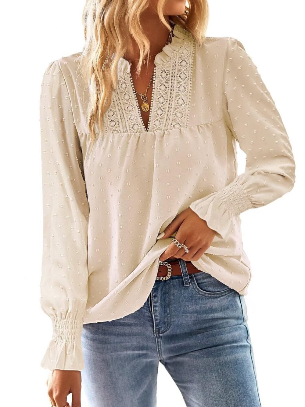 🆕 Boho Tops for Women V Neck Blouses Flowy Swiss Dot Dressy Casual Lace Womens - Picture 6 of 6